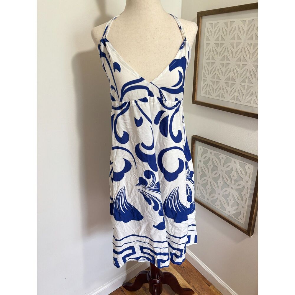 Vintage NWT Blue White Greek Key Sundress Rayon Strappy Midi Dress Small Resort
